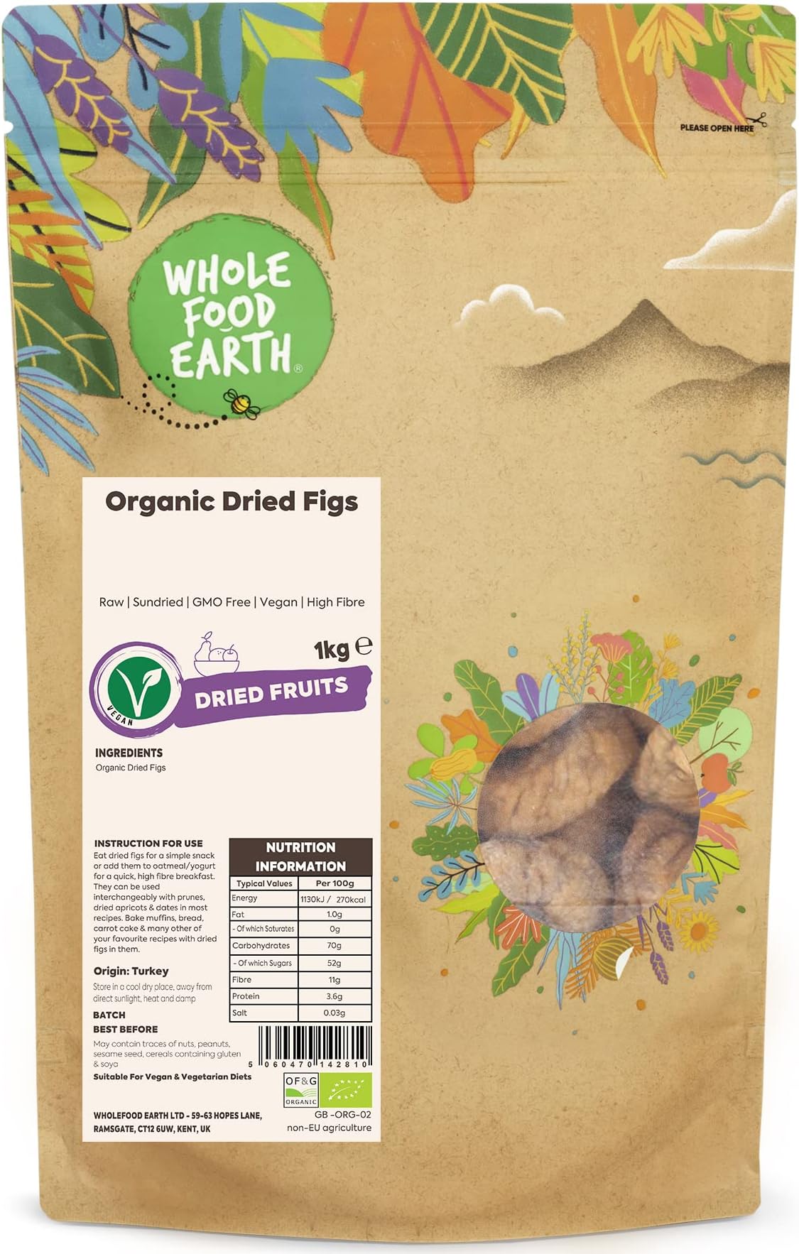Wholefood Earth Organic Dried Figs โ 1 kg | Raw | Sundried | GMO Free | Vegan | High Fibre | Certified Organic