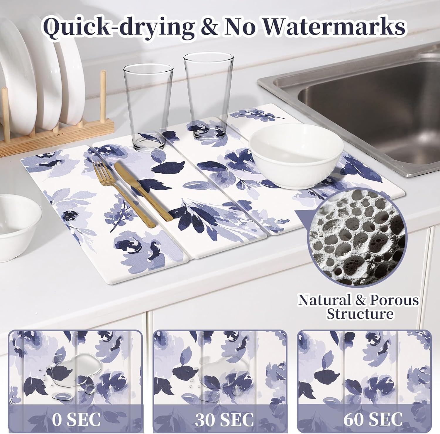3 PCS Stone Dish Drying Mat for Kitchen Counter, Quick Dry Foldable Stone Dishes Mats, Water Absorbing Diatomaceous Earth Drying Organizer for Dishes Bottles, Cups and Tableware (Blue)