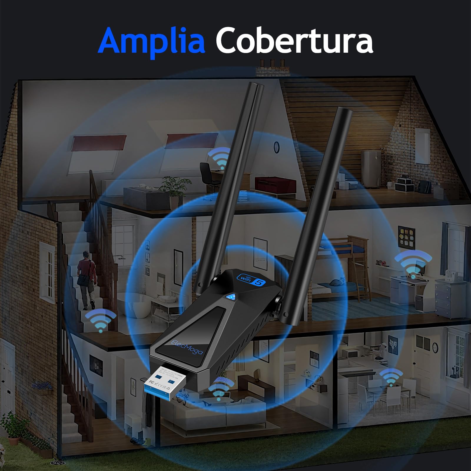 ElecMoga Adaptador WiFi USB 1300Mbps, 5dBi Antena WiFi, Receptor WiFi Dual Band 5GHz/2.4GHz, Compatible con Windows 7/8/10/11/Vista/XP/Mac/Linux, Compatible con Ordenadores Portatiles/Laptop/Tablet