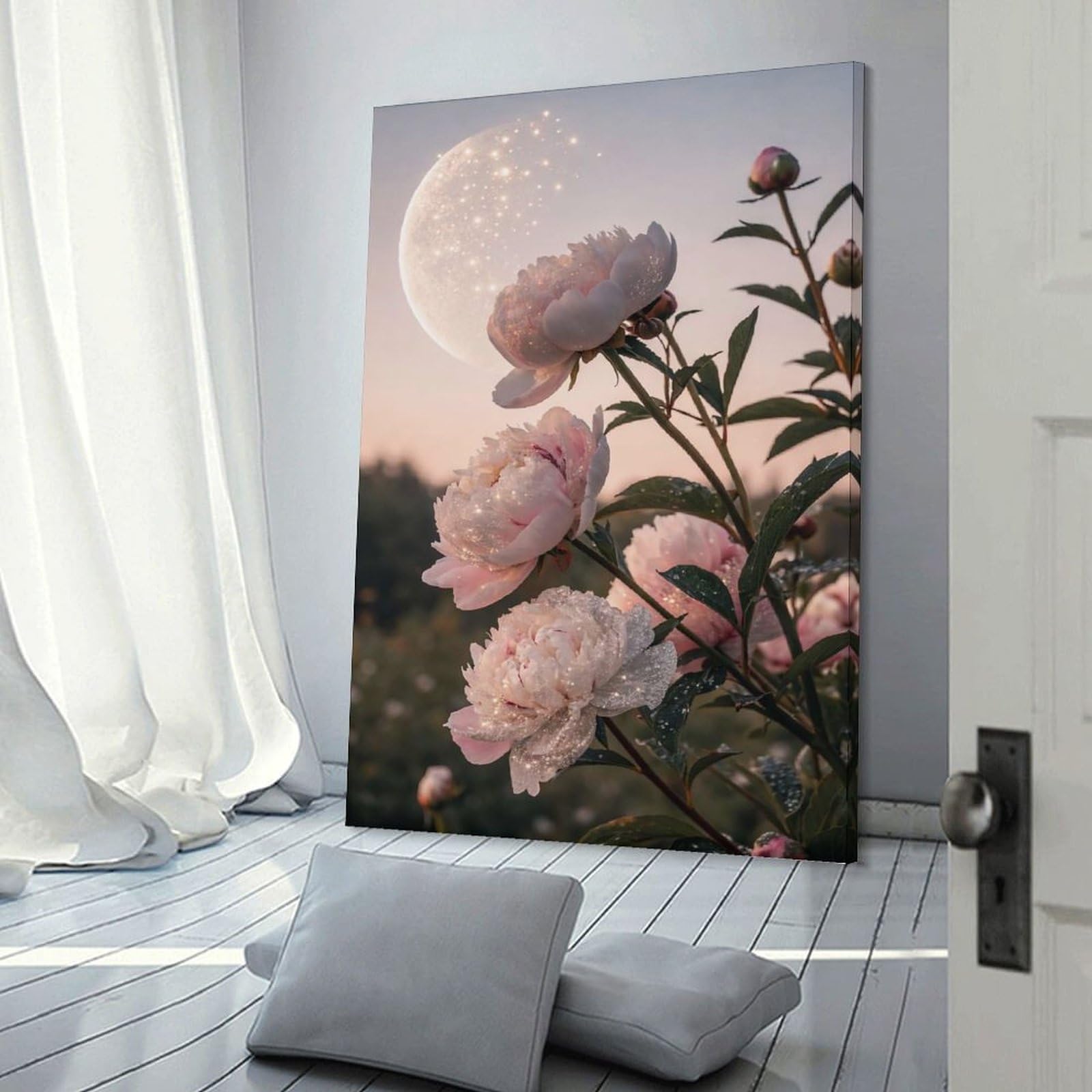 Junmoney Moonlit Peonies with Sparkles Canvas Art Print, 24x36inch(60x90cm), for Wall Displays, Bedrooms Or Room Updates, Home Wall Art for Statement Displays