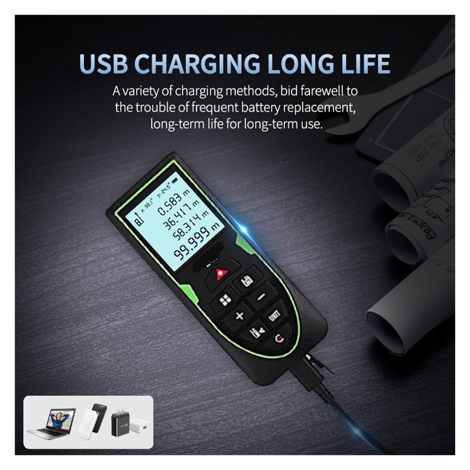Télémètre avec Vert Puissant 70m 100m 120m télémètre Rechargeable Ruban à mesurer Haute précision(70m)