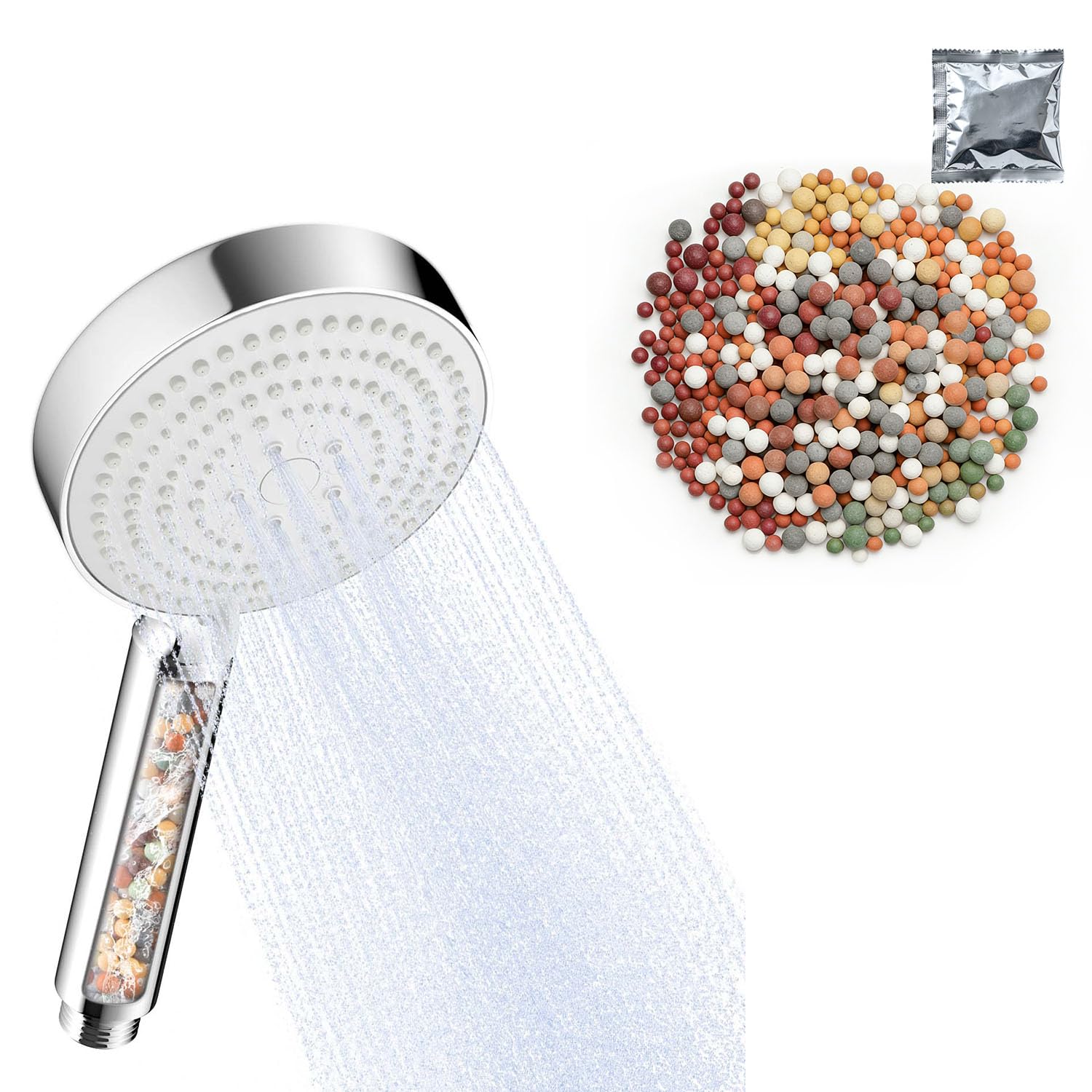 Pommeau de douche anti calcaire noir OFFO avec un paquet de billes minérales de recharge