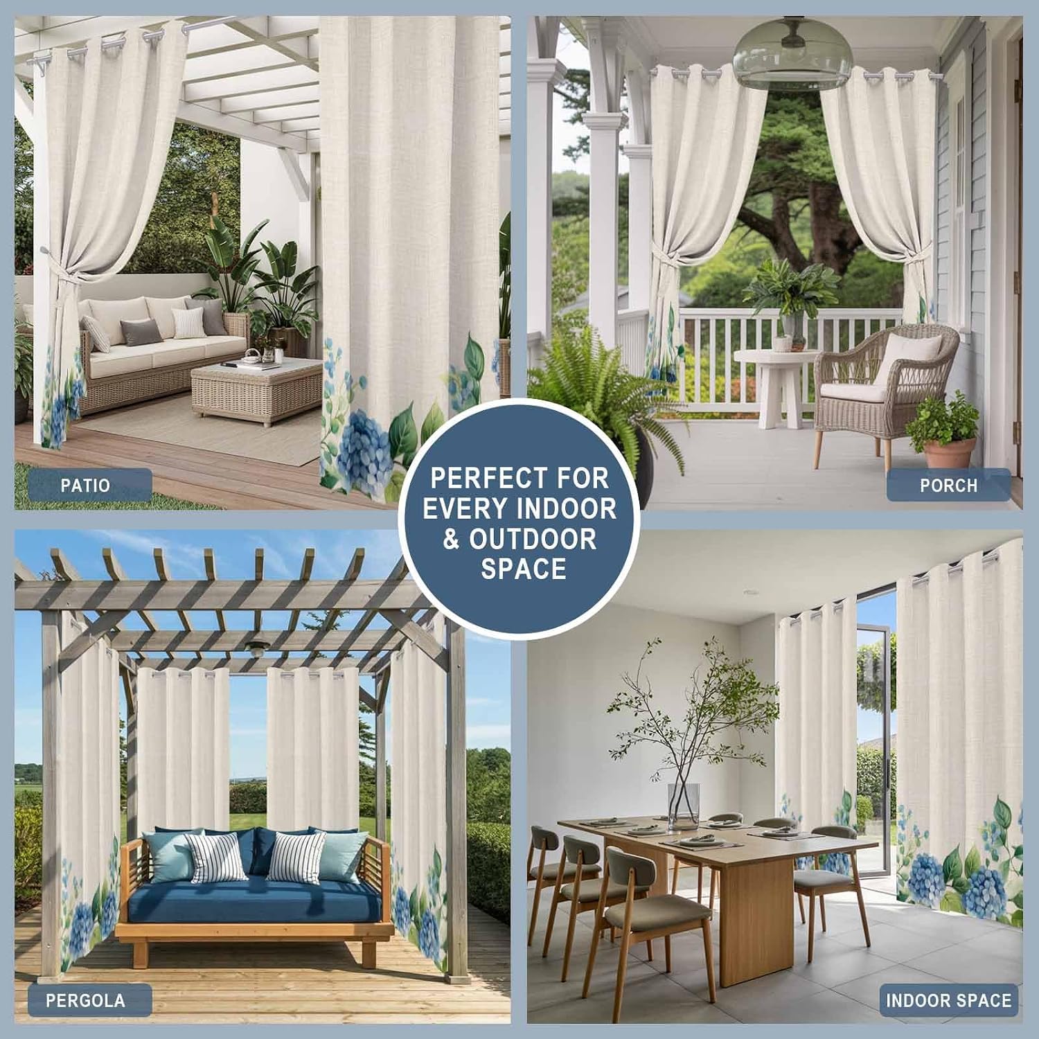 Spring Flowers Outdoor Curtains for Patio Waterproof, Blue Hydrangea Watercolor Leaf Retro Outside Curtains Grommet Privacy Drape for Pergolas Porch Backyard 2 Panels, 54 x 84 inch