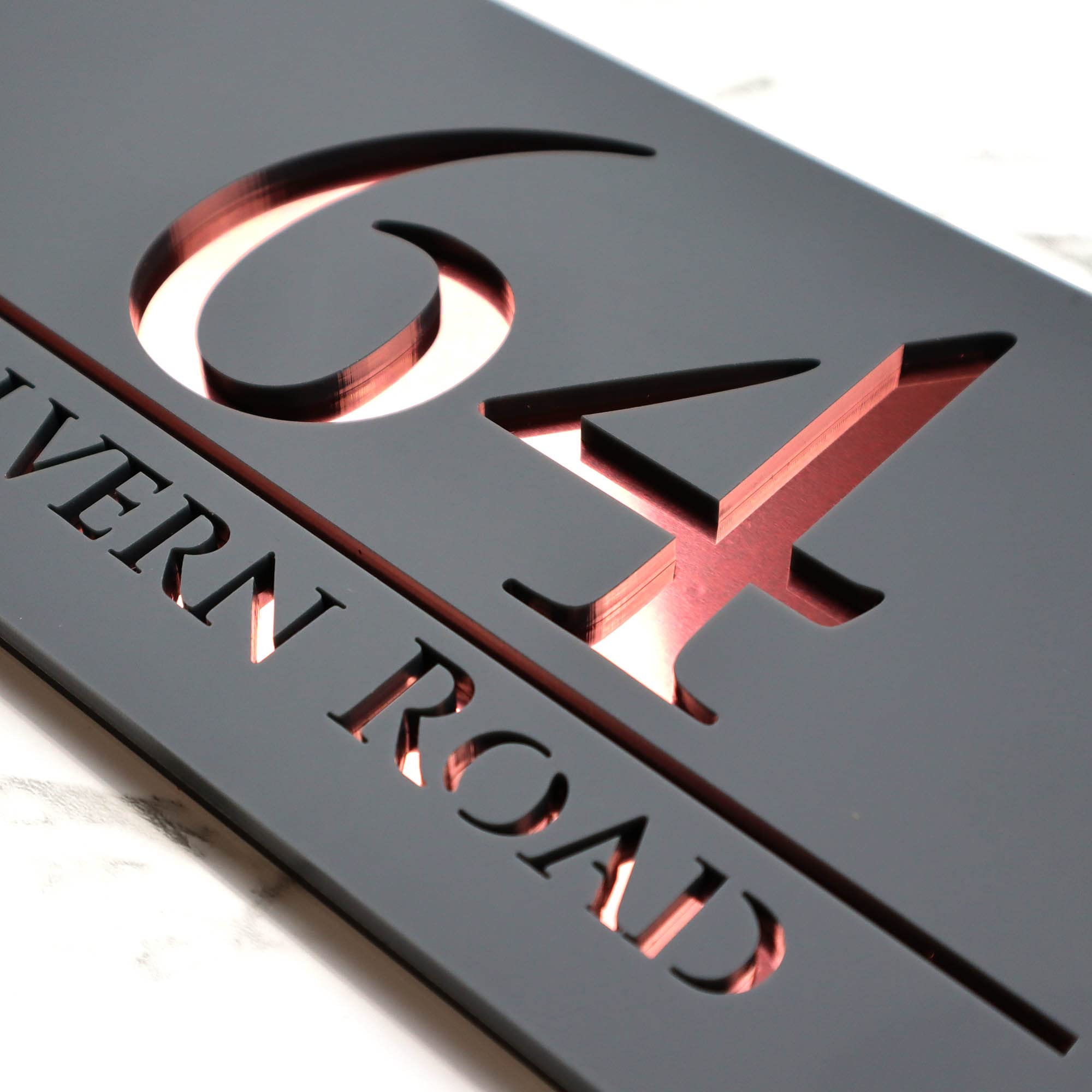 K Smart Sign | Bellissima H3 F32 | Laser Cut Matt Gray (Anthracite RAL7016) & Mirror Finished Grey House Sign Plaques Address Door Number | 300mm x 160mm (Matt Dark Gray & Rose Gold Mirror)