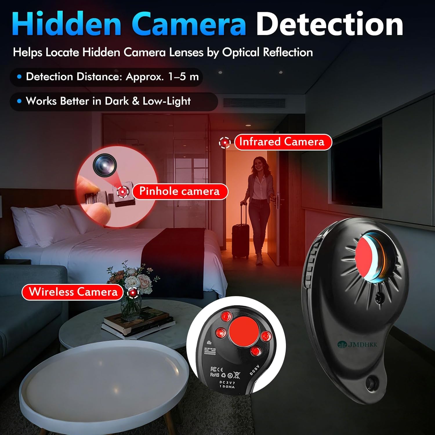JMDHKK M8000 Hidden Camera Detector, Camera Finder,Bug Detector, Magnetic Tracker Detector, Portable Privacy Protection Device for Travel, Hotels, Vehicles, Offices, and Fitting Rooms (Black)