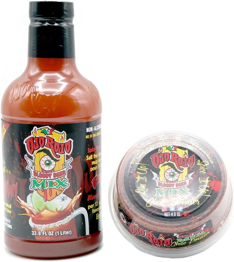 Ojo Rojo Michelada Combo Pack - Includes 1 Liter Bottle of Ojo Rojo Michelada Mix and Chile Powder