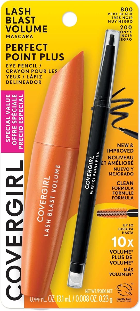 Máscara de pestañas COVERGIRL Lash Blast Volume (muy negro) y lápiz delineador de ojos Perfect Point Plus (ónix negro), paquete doble