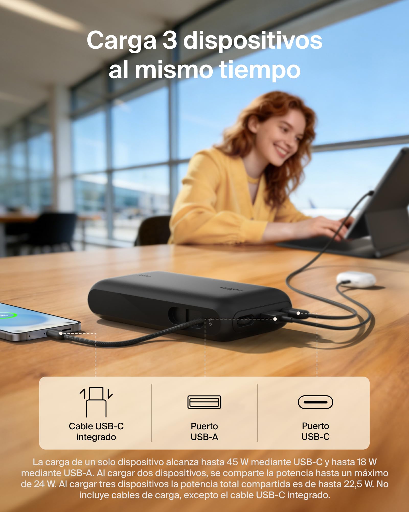 Belkin UltraCharge Batería Externa 20000mAh Cable USB-C y Pantalla - Negro | Power Bank de 20000 mAh, 1 Puerto y 1 Cable USB-C y 1 puerto USB-A, 45 W, LED, Apta como Equipaje de Mano y con Pantalla