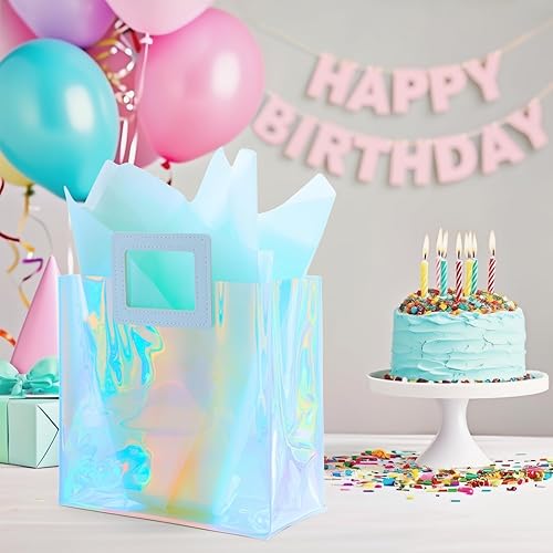 Miniatura 93 de Bolsa de regalo holográfica con papel de seda, reutilizable, bolsa de regalo de cumpleaños para mujeres y niñas, iridiscente, despedida de soltera