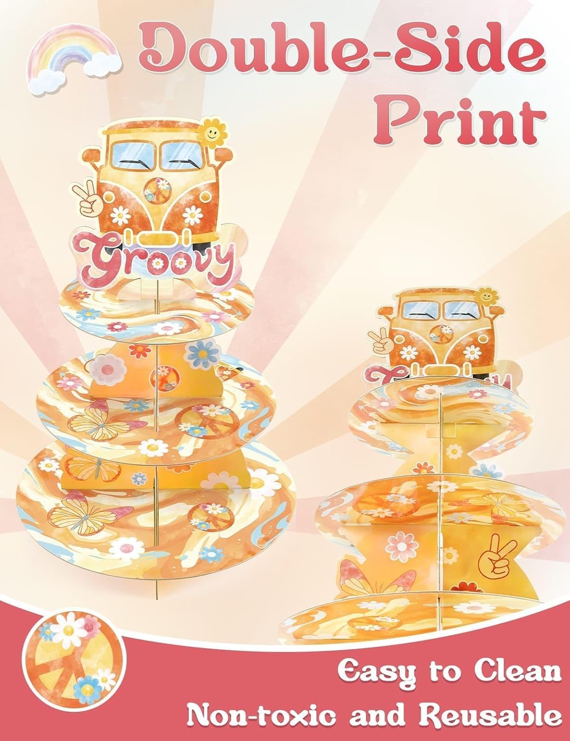 WERNNSAI 3 Tier Groovy Hippie Cupcake Stand - Groovy Party Decorations Retro Boho Daisy Cupcake Holder Flower and Butterfly Dessert Tower Round Serving Tray Stand for Birthday Party Supplies image 3