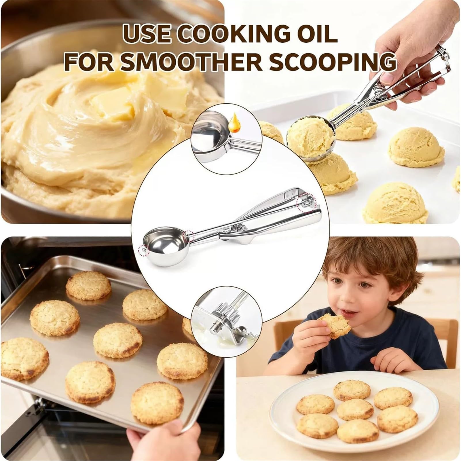 Lot de 3 cuillères à glace en acier inoxydable avec déclencheur, bol à melon multifonction pour crème glacée, pâte à biscuits, boulettes de viande et portions de fruits