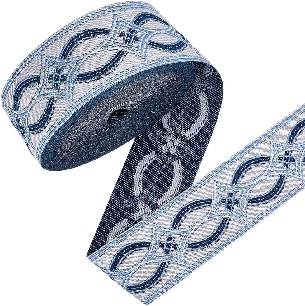 9 Yards Jacquard Ribbon Trim Rhombus Pattern Polyester Ribbon Blue Woven Embroidery Trim 2 inch Wide 0.5mm Thick Ethnic Style for Sewing Crafts Handmade Bag Belts Clothing Decoration