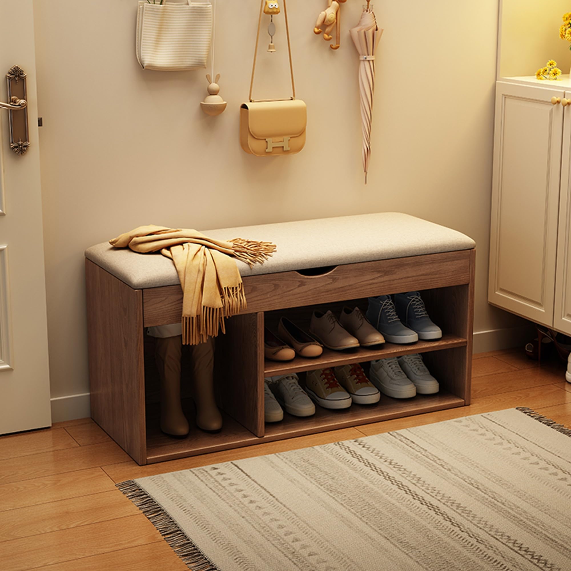 Aioneer Stylish Rubber Wood Entryway Shoe Rack Cabinet With Storage Ottoman, 31.5In Full Floor-Standing, Cushioned Bench Drawers For Front Door, White,Walnut 23.6In-Walnut-23.6in