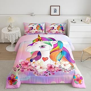 Feelyou Cartoon Unicorn Pattern Bedding Set Kids Dreamy Horse Printed Comforter Cover for Boys Teens Cute Animal Decor Comforter Breathable Magical Fantasy Duvet Set Room Decor Bedding Twin Size