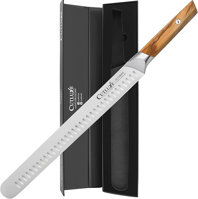 CUTLUXE Slicing Carving Knife  12" Brisket Knife, Razor Sharp Meat and BBQ Knife  Swedish Sandvik 14C28N Steel Blade  Full Tang & Ergonomic Handle Design  Olivery Series