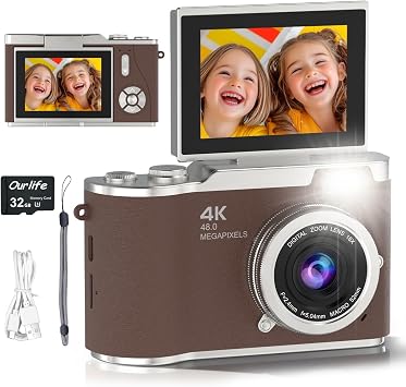 كاميرا رقمية بدقة 4K،كاميرا تصوير سيلفي بدقة 48 ميجابكسل مع شاشة قابلة للطي بدقة 180، وبطاقة تكبير 8X مضادة للاهتزاز بسعة 32 جيجابايت، هدايا تصوير للمبتدئين والأطفال والمراهقين