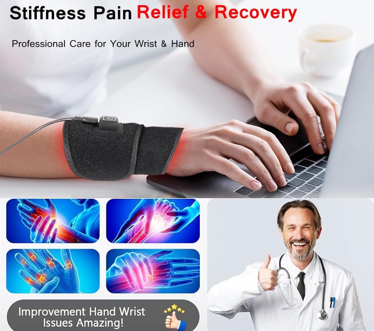 Red Light Therapy Wrist Wrap, 660nm Red Light 850nm Near Infrared Light Therapy for Hand Body,with 48 3-in-1 LED for Carpal Stiffness Recovery Hand Pain Relief - Image 4