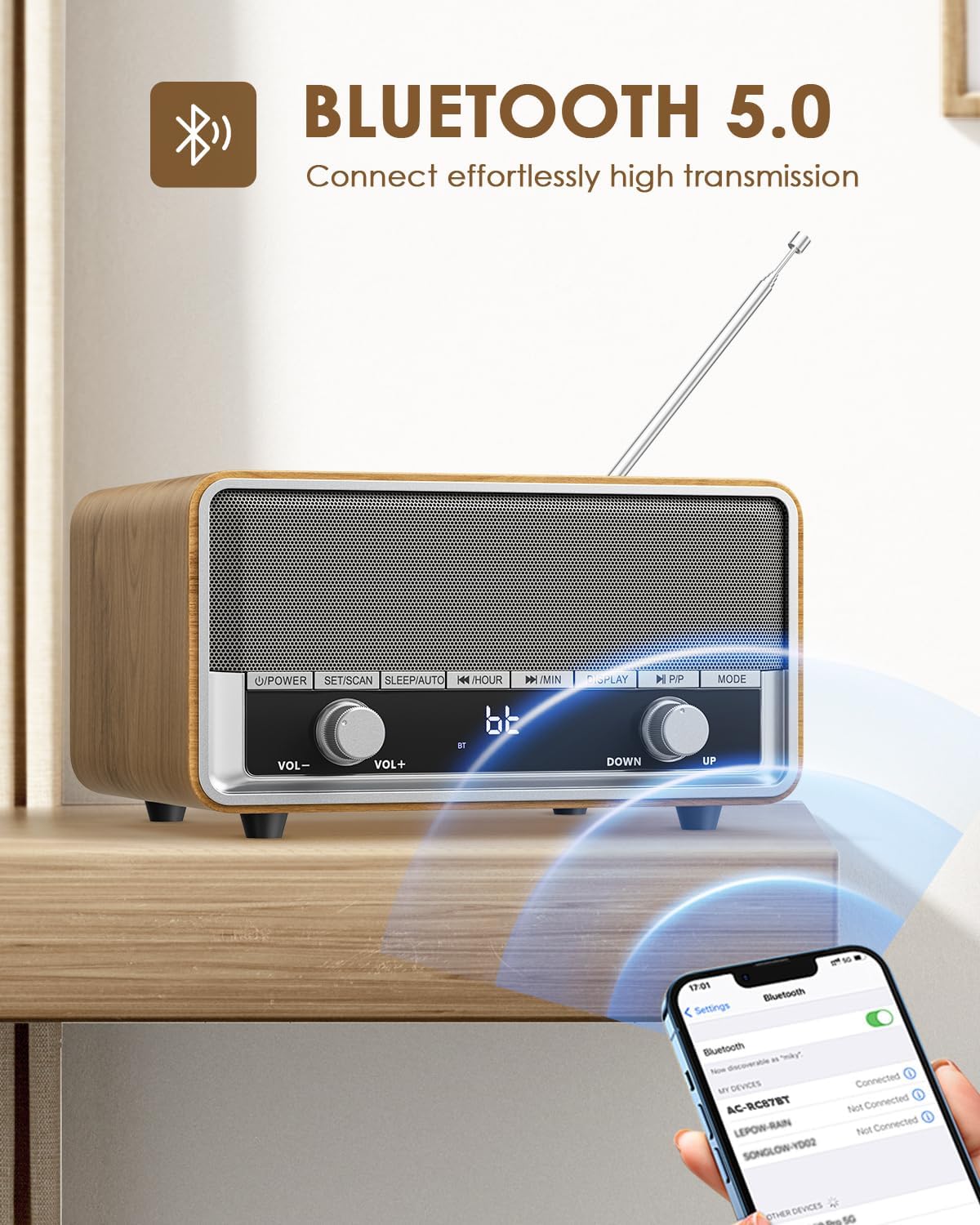 Radio displaying 'bt' for Bluetooth mode, with a smartphone showing Bluetooth settings