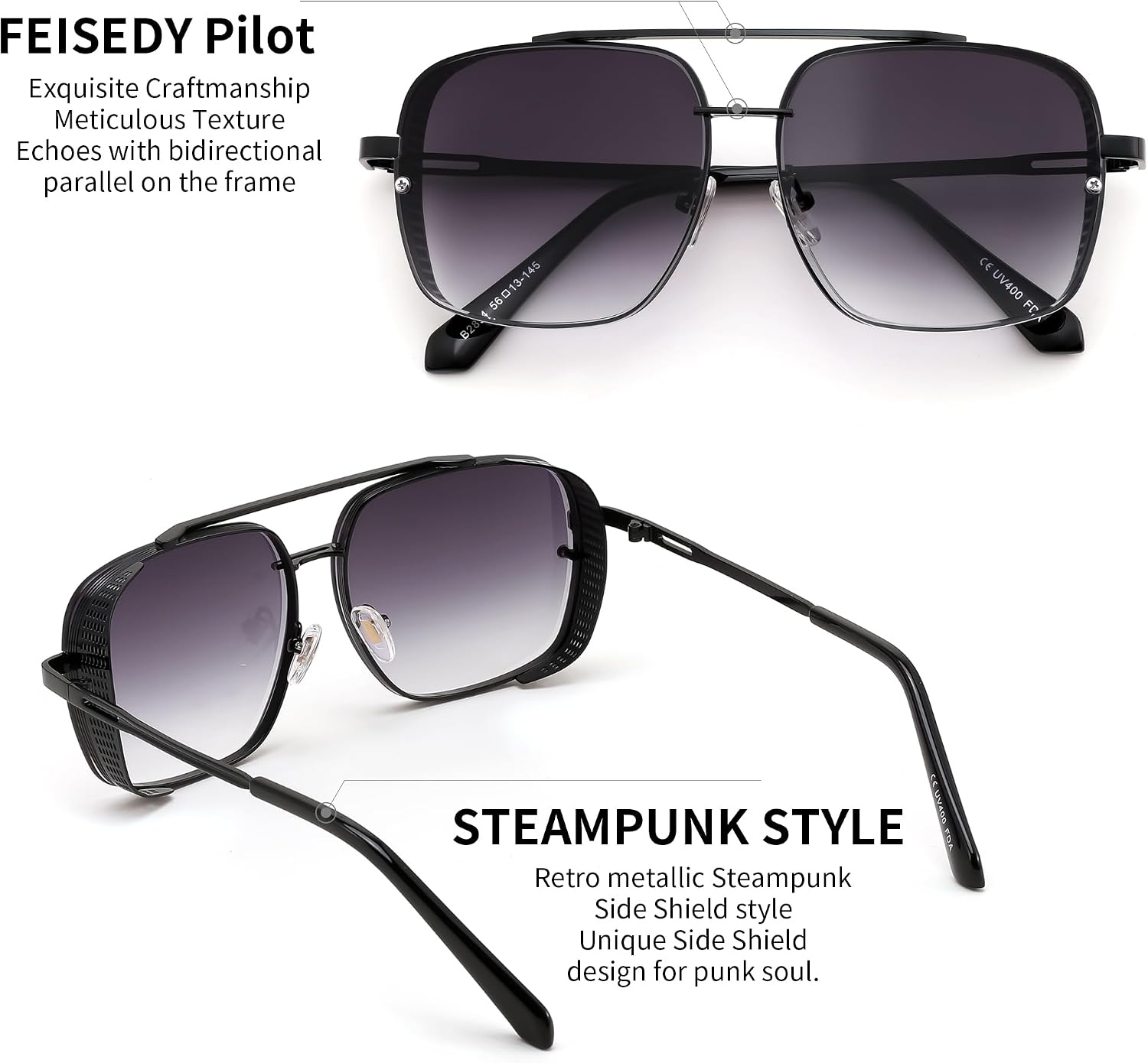 FEISEDY Sunglasses Mens Women Vintage Pilot Square Trendy Metal Steampunk Fishing Driving Sun Glasses B2894