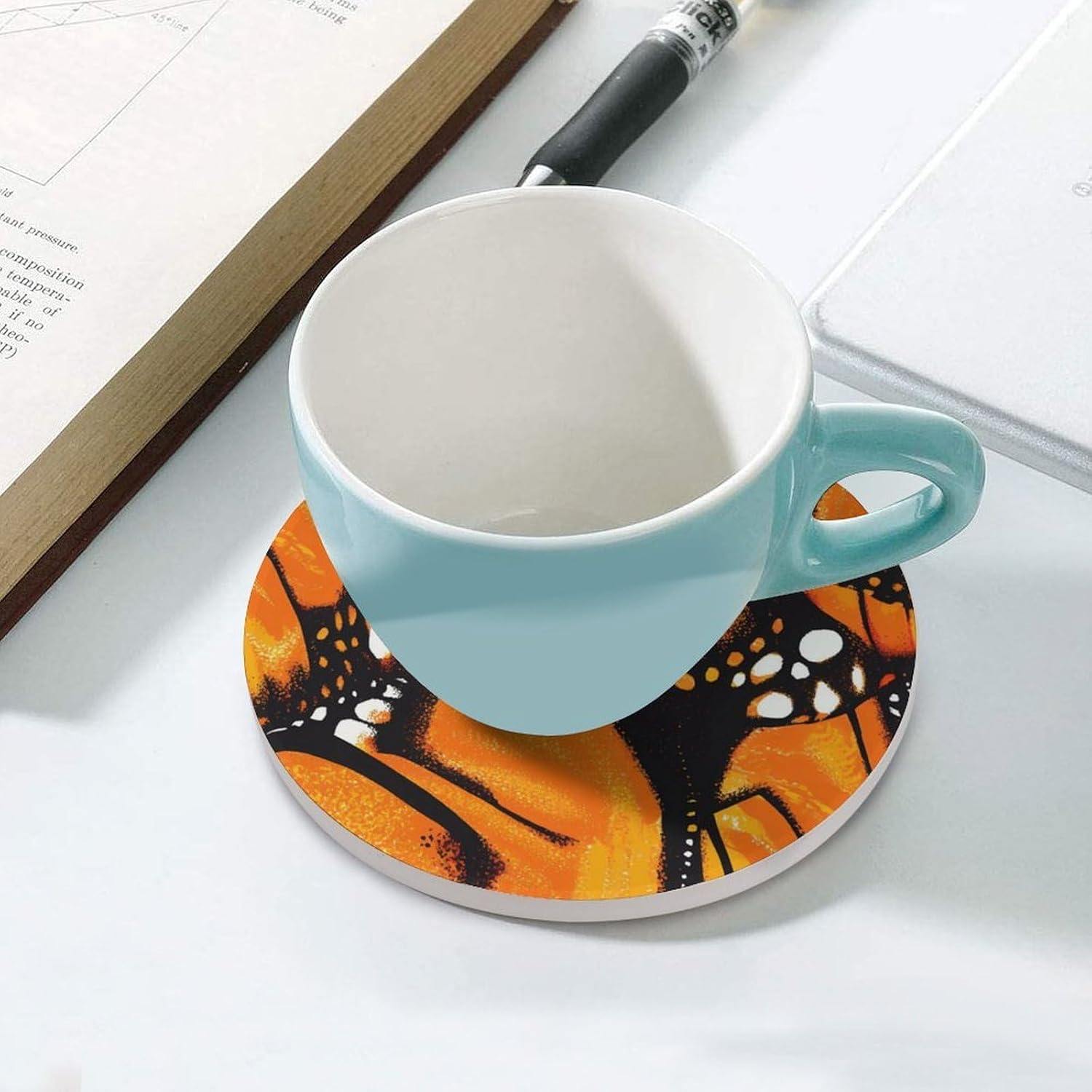 Monarch Butterfly Wings Round Ceramic Coasters for Drinks Absorbent Cup Holder Tabletop Protector with Cork Base