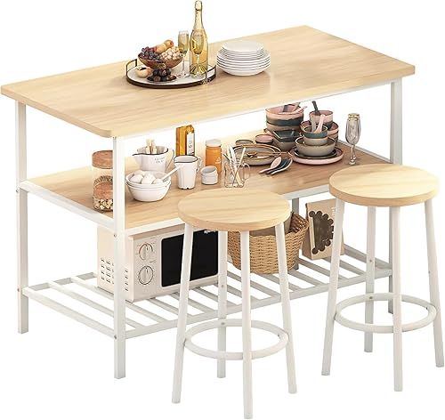 AWQM Mesa de isla con asiento y almacenamiento, beige, 3 estantes, mesa de madera con altura de encimera, juego de mesa de bar de 2 piezas para