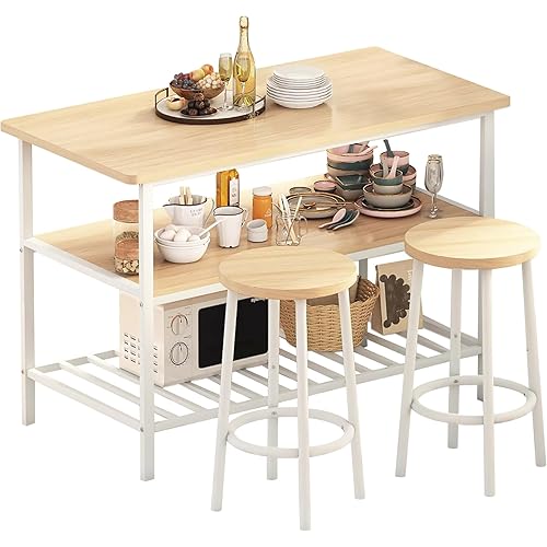 AWQM Island Table with Seating and Storage, Beige, 3 Shelves, Wooden Counter Height Table Top, 2-piece Bar Table Set for Small Space