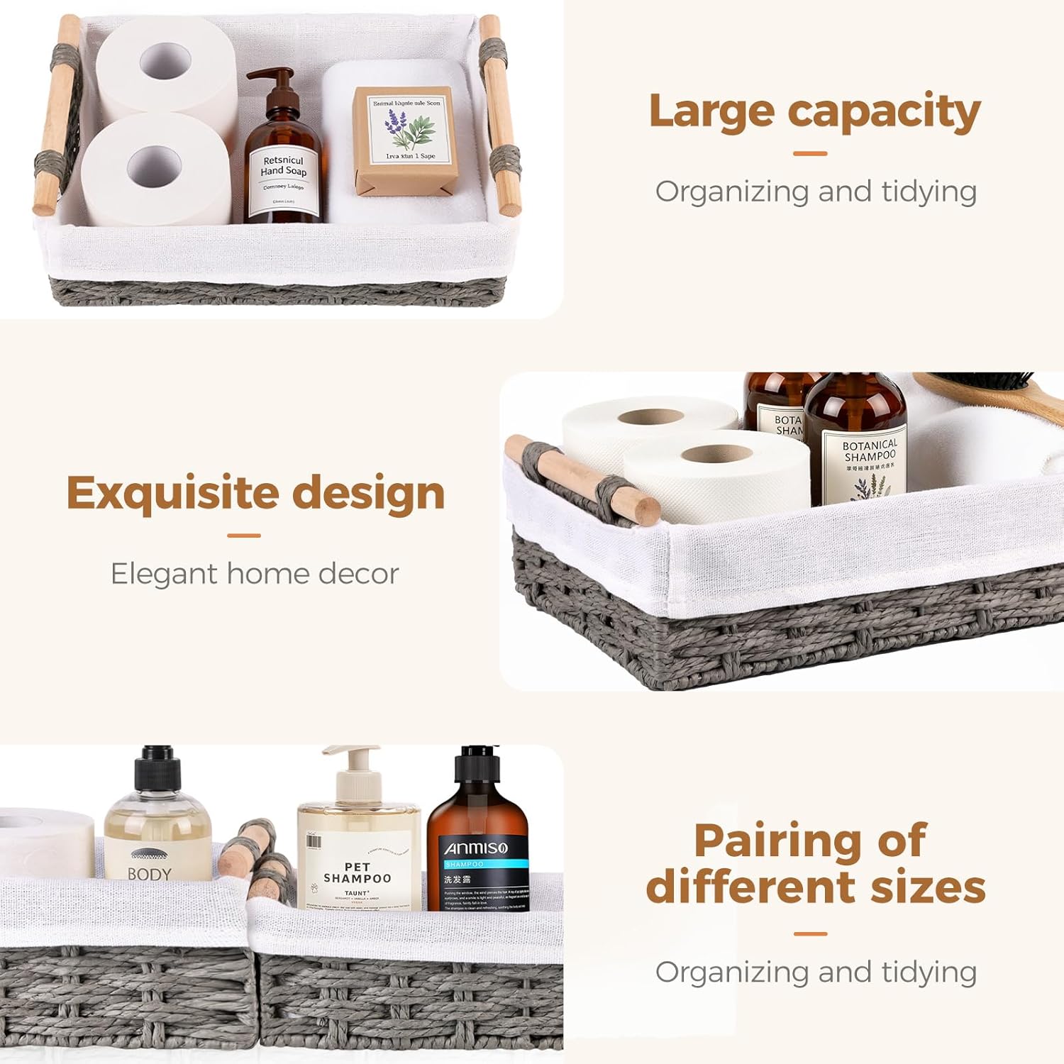 HomeHacks 2 Pack Storage Basket Paper Rope Baskets for Organizing with Handle Decorative Storage Bins for Countertop Toilet Paper Basket for Toilet Tank Top Small Baskets, Grey