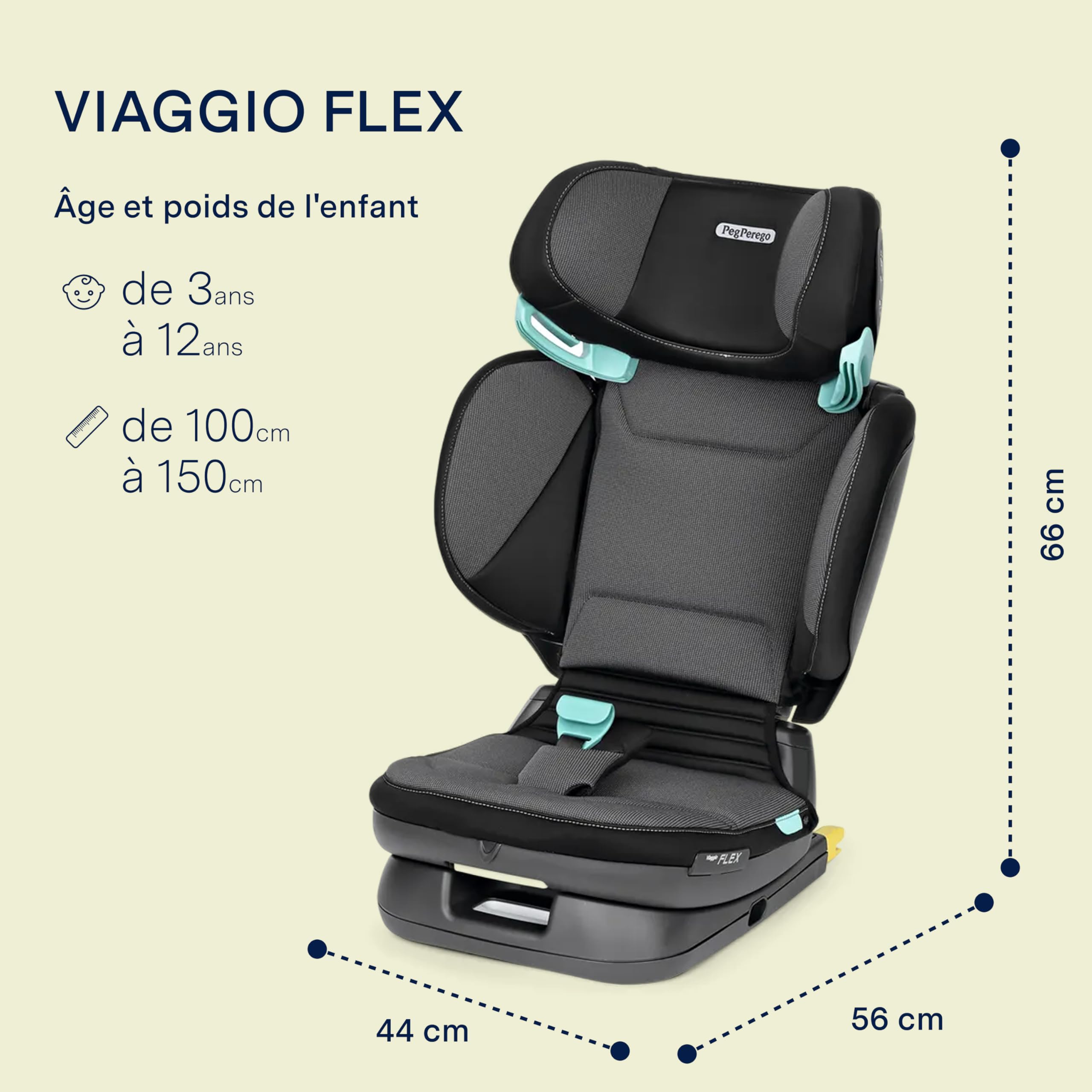 PEG Viaggio Flex Siège Auto i-Size avec ISOFIX, 100-150 cm, 3-12 ans, 15-36 kg, Pliable, Inclinable, Technologie Avancée, Crystal Black