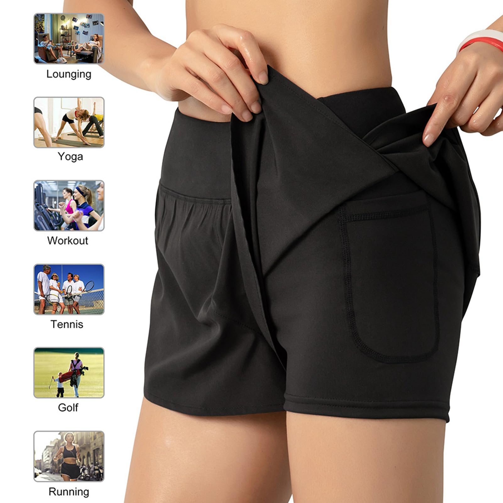 2 w 1 Kobiety Biegające Szorty z Szerokim Zasięgiem Kieszonkowym Warstwa Warstwy do Treningu Fitness Athletic Gym Homeswear, Sportowe Spodenki
