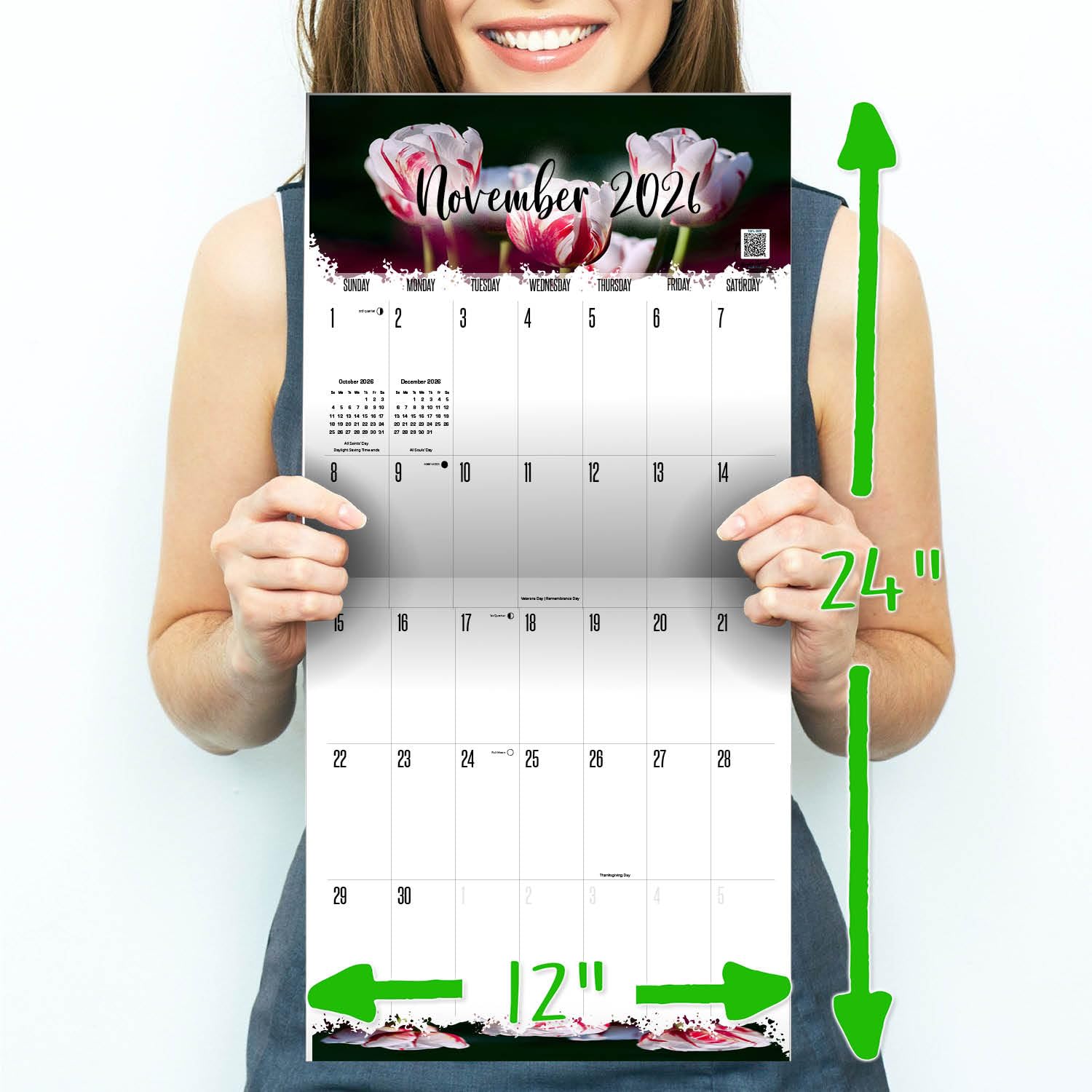 Wandkalender 2025 2026 mit großem Raster, Blumenmotiv, großer Druck, großes Raster, Wandplaner, 30,5 x 61 cm, offen, dickes Papier, kein Ausbluten, Geschenk für Lehrerplanung, Organisation