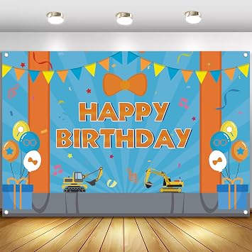 Cartoon Orange Blue Theme Happy Birthday Photography Backdrop, 5x3ft Background Photo Booth Banner Props for Kids Girls Boys Birthday Baby Shower Holiday Party Decorations Supplies