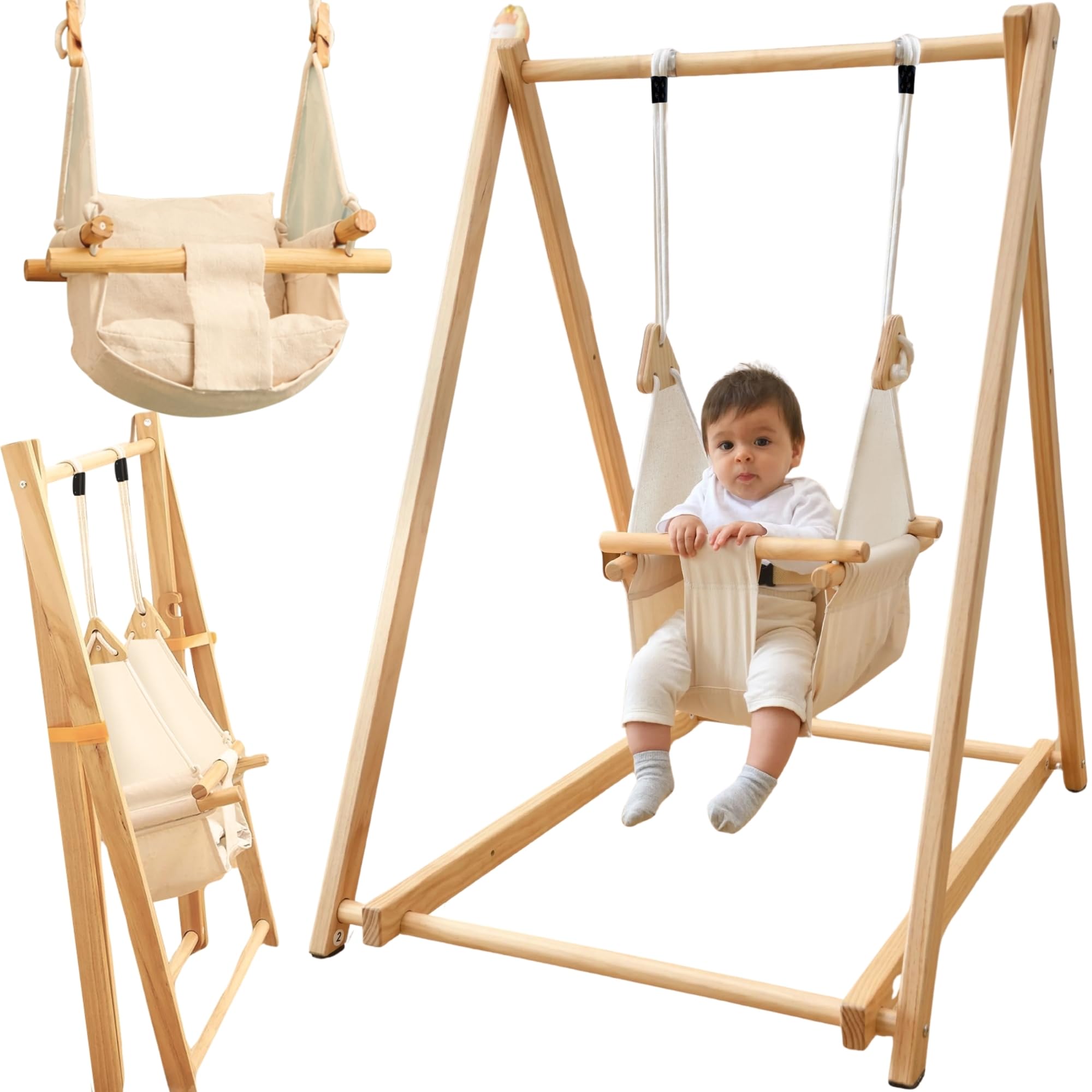Holz Babyschaukel mit klappbarem Schaukelsitz, Babyschaukelstuhl & Baby Swing aus Kiefernholz, Holzspielzeug für Babys, Indoor & Outdoor Kinderschaukel für drinnen und draußen, sicherer Babysitz