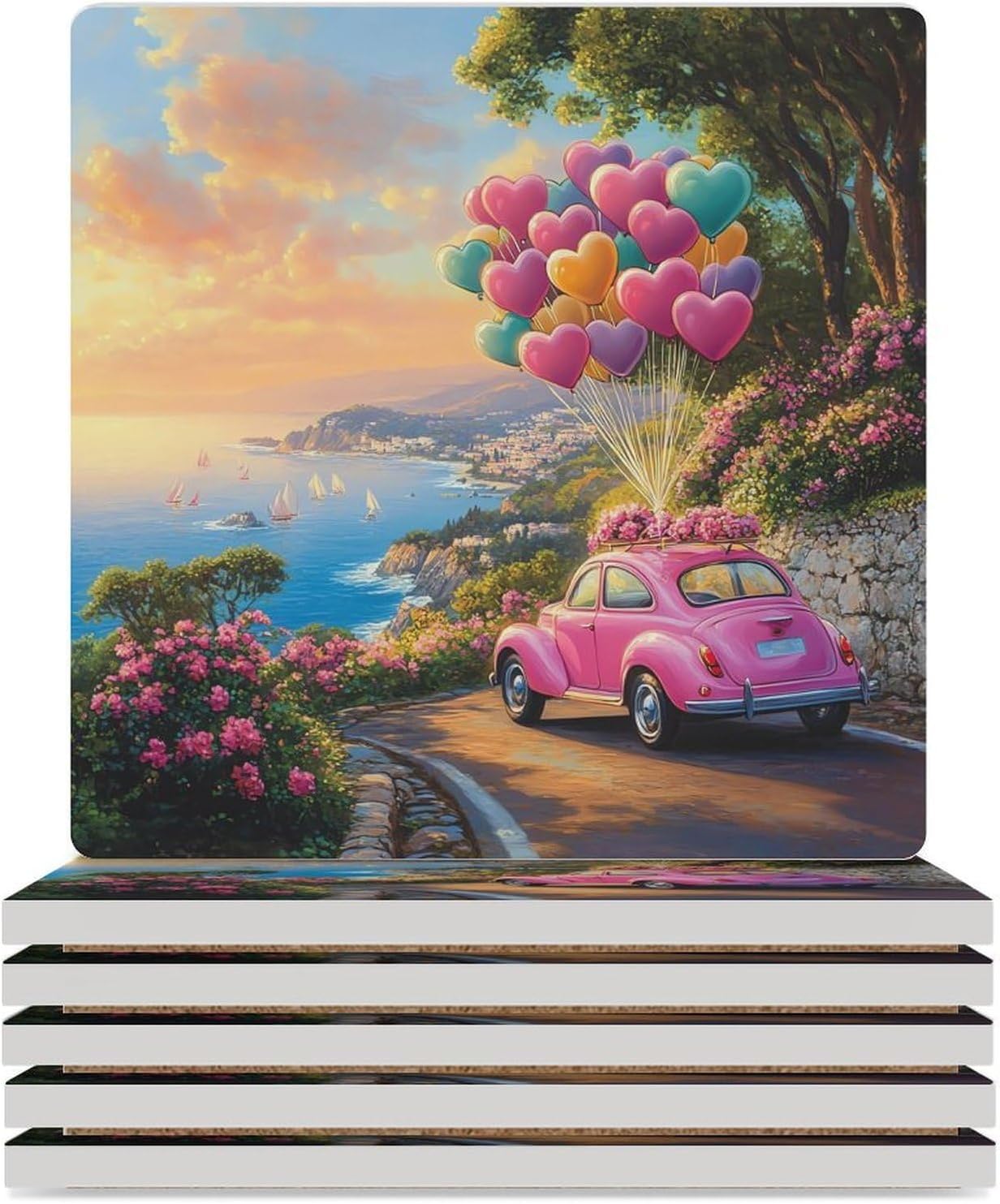 Car Balloon Ceramic Coasters Set Square Drink Coasters Table Coaster for Kitchen Desktop Decor