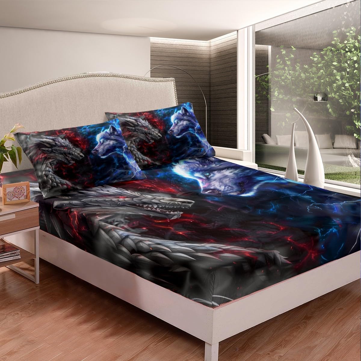 3D Dragon Kids Fitted Sheet Full Size,Western Dragon Wild Wolf Jungle Animal Hunting Bedding Set,Boys Men Room Decor,Red Blue Lightning Bed Cover,Blue Grey Bed Sheet,2 Pillowcases