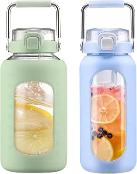 BLUEGO 84oz and 64oz Glass Water Bottles Bundle84 Light Green + 64 Light Blue with Straw and Stainless Steel Handle, Large Water Bottle with Sleeve, Half Gallon Water Jug, Glass Water Container, BPA