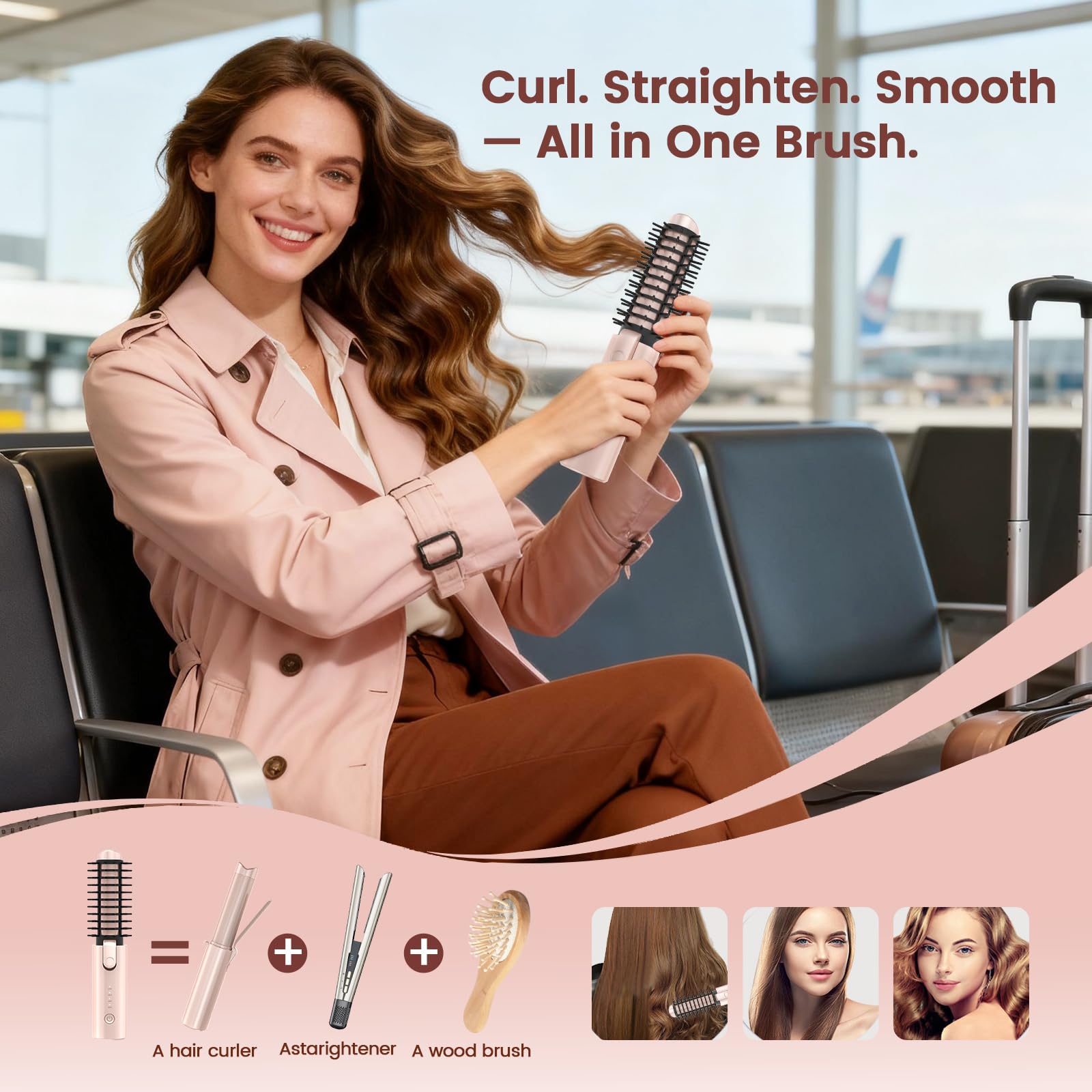 Youbella Cepillo rizador de cabello inalámbrico, rizador de pelo portátil de viaje, mini cepillo redondo calentado de 1.5 pulgadas, varita alisadora recargable por USB 3 en 1 para peinar y alisar, 200