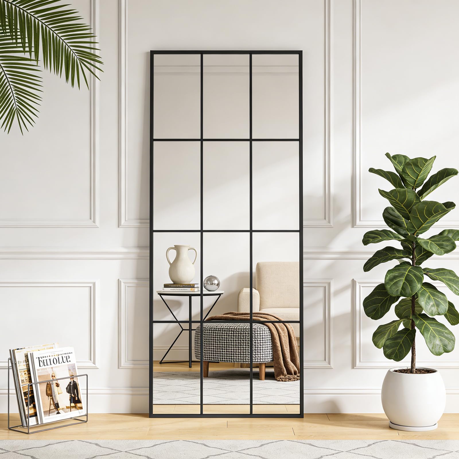 Espejo Ventana de Cuerpo Entero Rectangular, Espejo para Dormitorio y Armario, para Colocar en el Suelo o Fijar en la Pared - Negro, 175x63cm | 69" L x 25" W