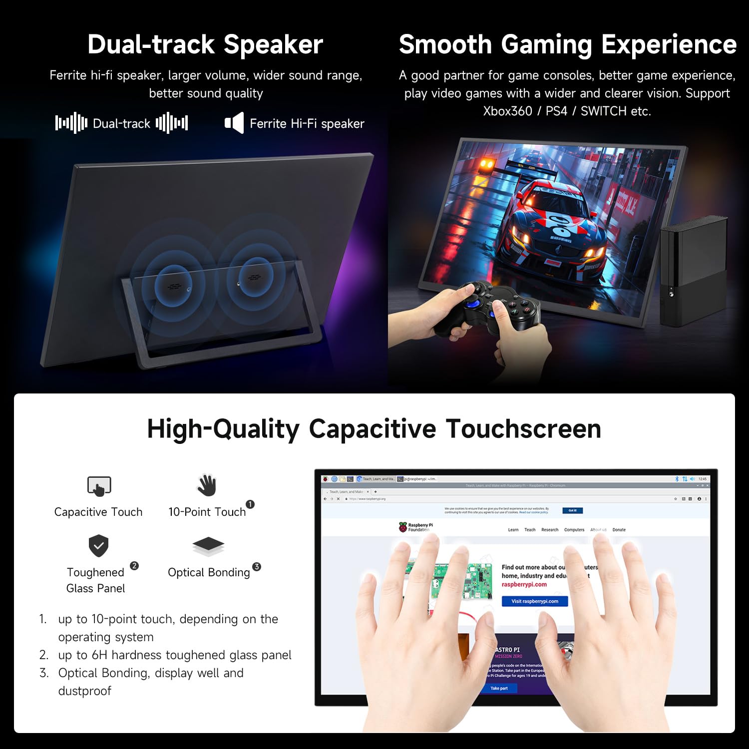 LUCKFOX 18.5″ IPS Touch Portable Monitor with 120Hz, 10-Point Capacitive Touch, HDR, Type-C, Built-in Speakers, Foldable Stand – Compatible with Raspberry Pi, PC, Jetson, Game Consoles & Smartphones