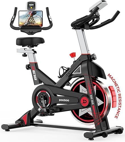 POOBOO Bicicleta estática para gimnasio en casa, resistencia magnética, bicicleta de ciclismo interior con cómodo cojín de asiento y soporte para
