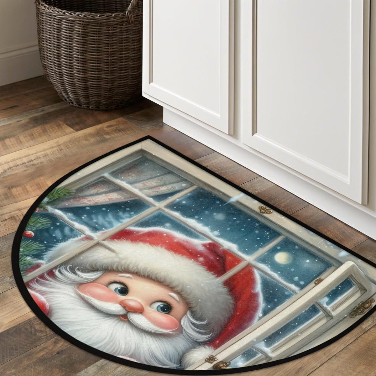 Christmas Half Round Door Mat Christmas Decor Xmas Cute Santa Claus Washable Non-Slip Doormat Welcome Semi Circle Area Rug Half Moon Rug Semi Floor Rugs Indoor Entrance Kitchen Bedroom Decorative Gift