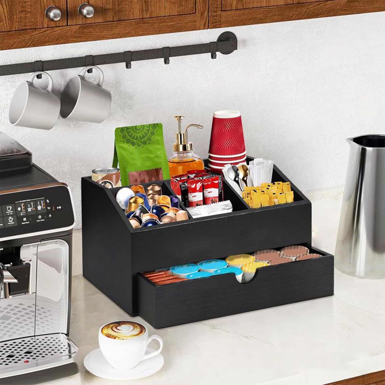 Générique Kaffee-Counter Organizer, 1118 g Stirrer, Holz, Küchenutensilienhalter, mit Drawer für Tasse, Zucker, Tee, Kaffee, Phone, Stirrer, Scoop und Straw, 31 x 20 x 17 cm