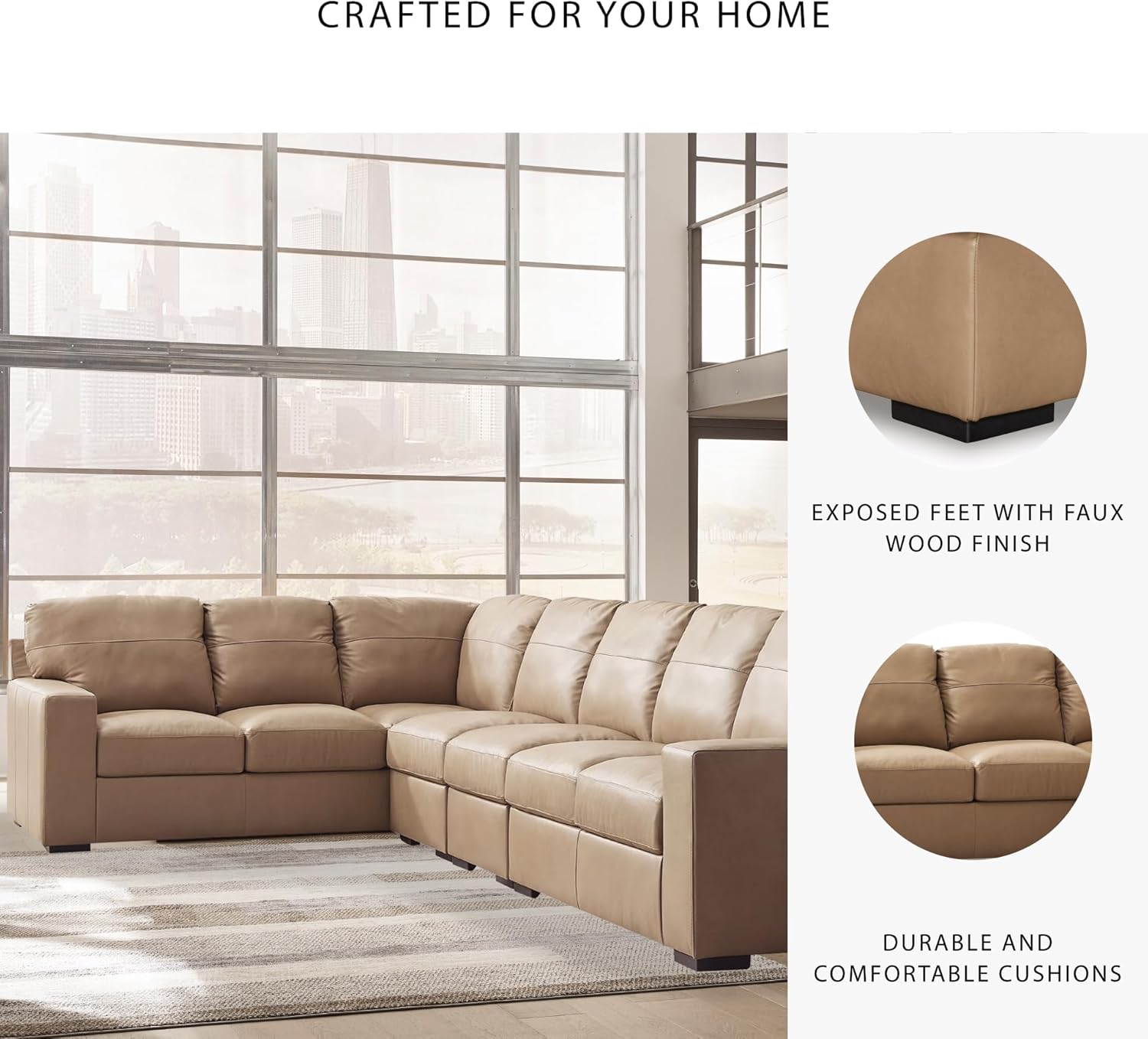 Signature Design by Ashley Bandon Modern Leather Match Left-Arm Facing 4-Piece Sectional with Removable Cushions and Armrest, Light Brown