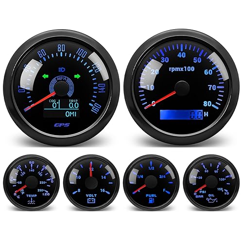 Faymizsa Juego de 6 calibres de 7 colores, velocímetro GPS de 3-38 pulgadas, 160 MPH y tacómetro, medidor de presión de aceite de 2-116 pulgadas,