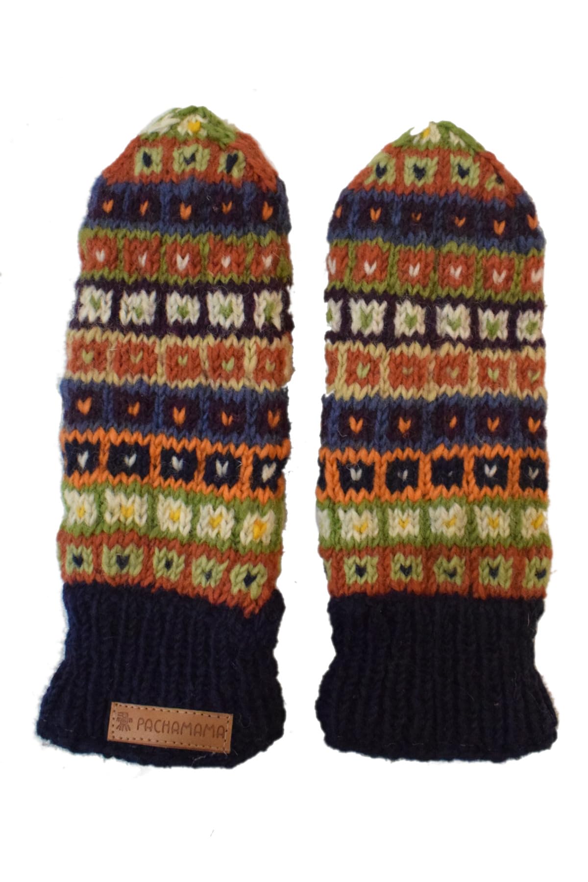 Pachamama Women's Multicoloured Wool Mittens Fleece Lined Handknitted Flecked Stripe Blue One-Size Handmade Extra Warm Fair Trade