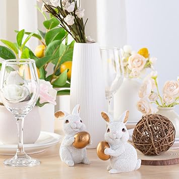 2 Pcs Easter Bunny Figurine Easter Bunny Ornaments Ceramic Rabbit Figurine White Rabbit Bunny Gifts Rabbit Gifts Easter Ornament Easer Gift Easter Bunny Decorations