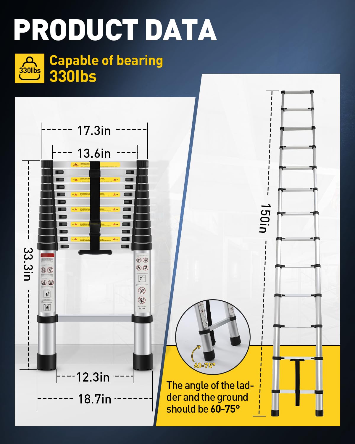 Rengue Telescoping Ladder 12.5 FT Aluminum Extension Ladder with Non-Slip Foot, Telescopic Ladder Heavy Duty 330lbs Max Capacity, Collapsible Ladder for Indoor Outdoor Work