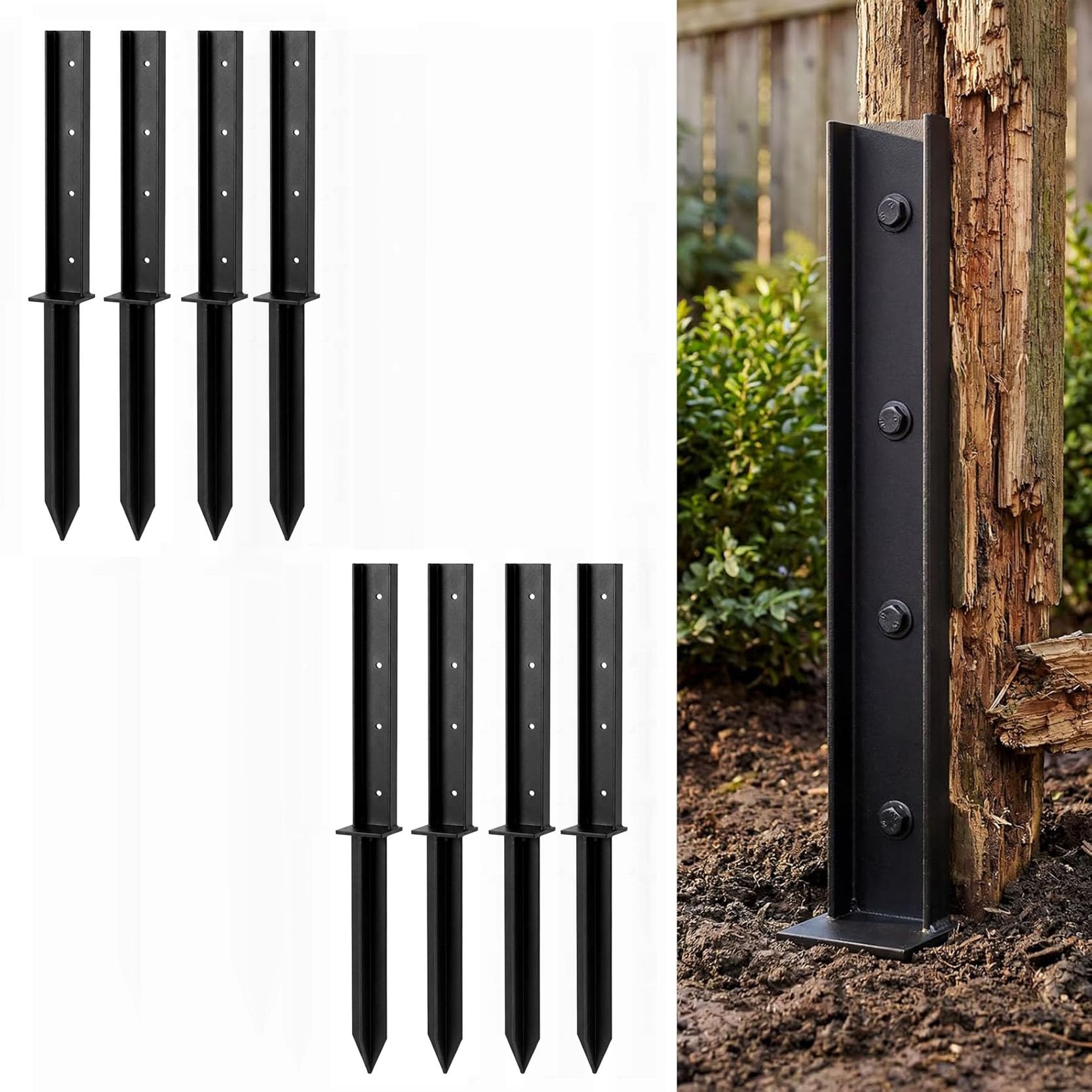 LQSYBHD Heavy Duty Fence Post Anchor Ground Stakes Fence Post Repair Kit Quick Fix Broken/Leaning 4x4/6x6 Wood Posts for Repair Tilted Broken Wood Support (Size:8pcs)