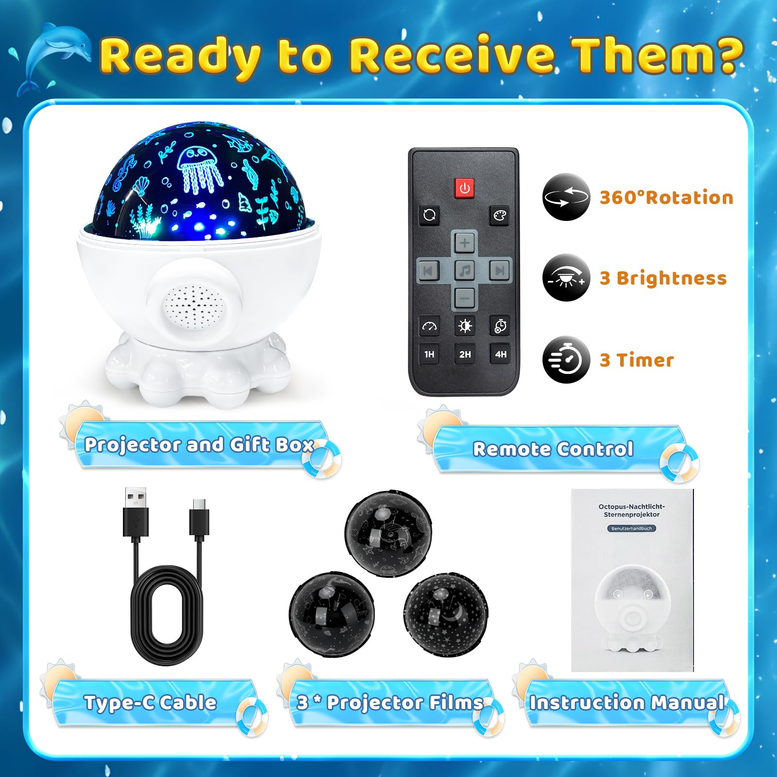 Proyector de luz nocturna para niños, 17 modos de luz, proyector de estrellas oceánicas con rotación de 360°, 3 películas de proyección y 9 canciones de cuna, lámpara de noche para guardería con