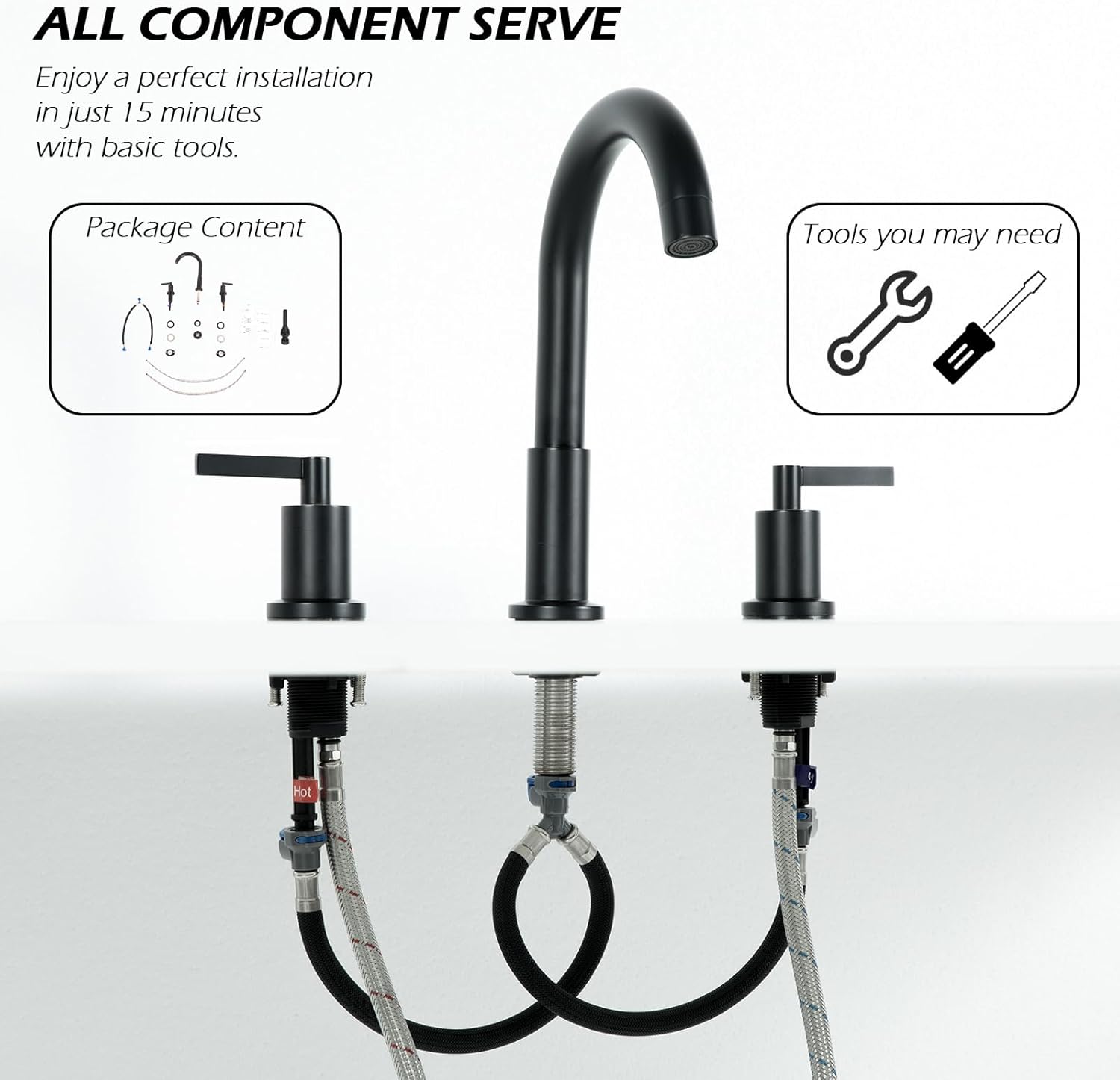 Widespread Matte Black 3 Hole Bathroom Faucet, 2 Handle Black Bathroom Sink Faucets 8 Inch Modern Vanity Faucet Bathroom Faucet Set with Supply Hoses Pop Up Drain for Bathroom Sink