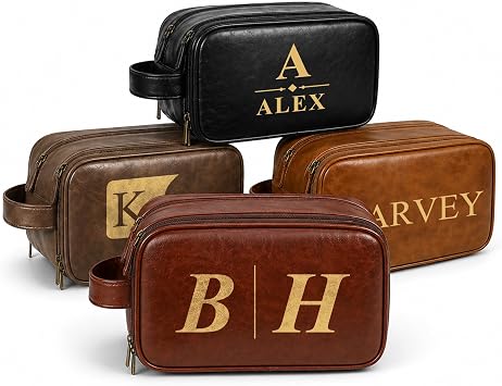 Personalized Toiletry Bag for Men, Custom Engraved PU Leather Dopp Kit with Name, Waterproof Travel Shaving Bag, for Dad Husband Boyfriend Groomsmen - Fathers Day Birthday Gifts